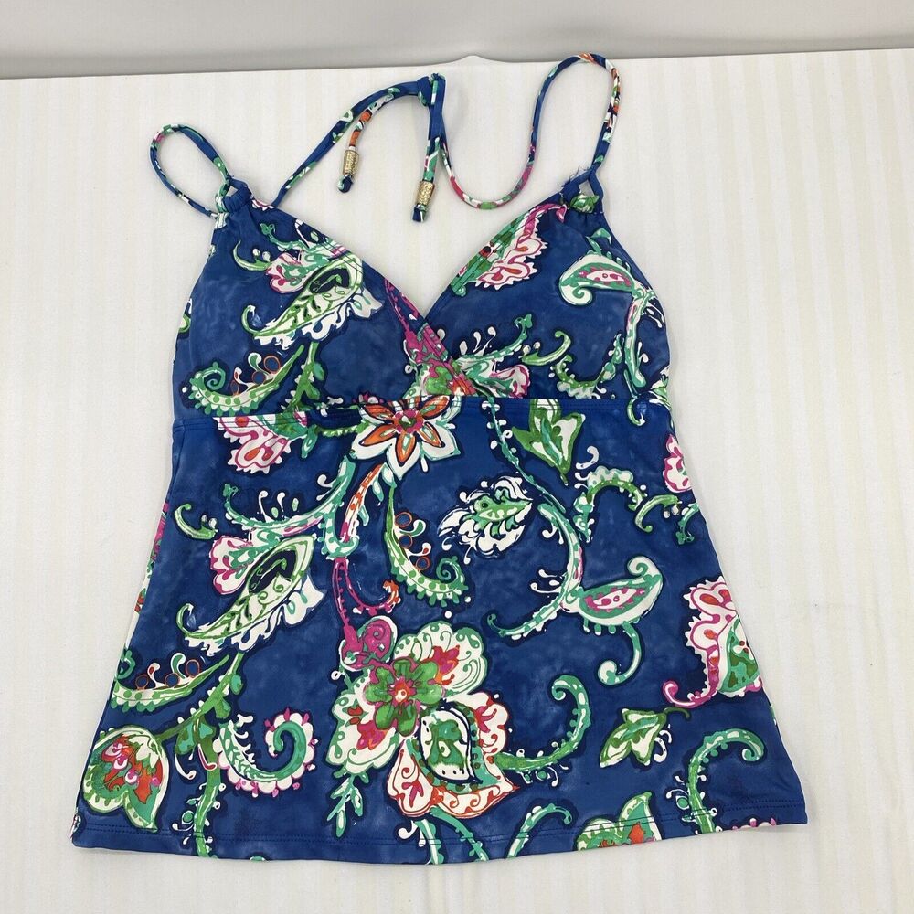 Ralph Lauren Tankini Swim Halter Top 6 Blue Green Paisley Lightly Padded Lined